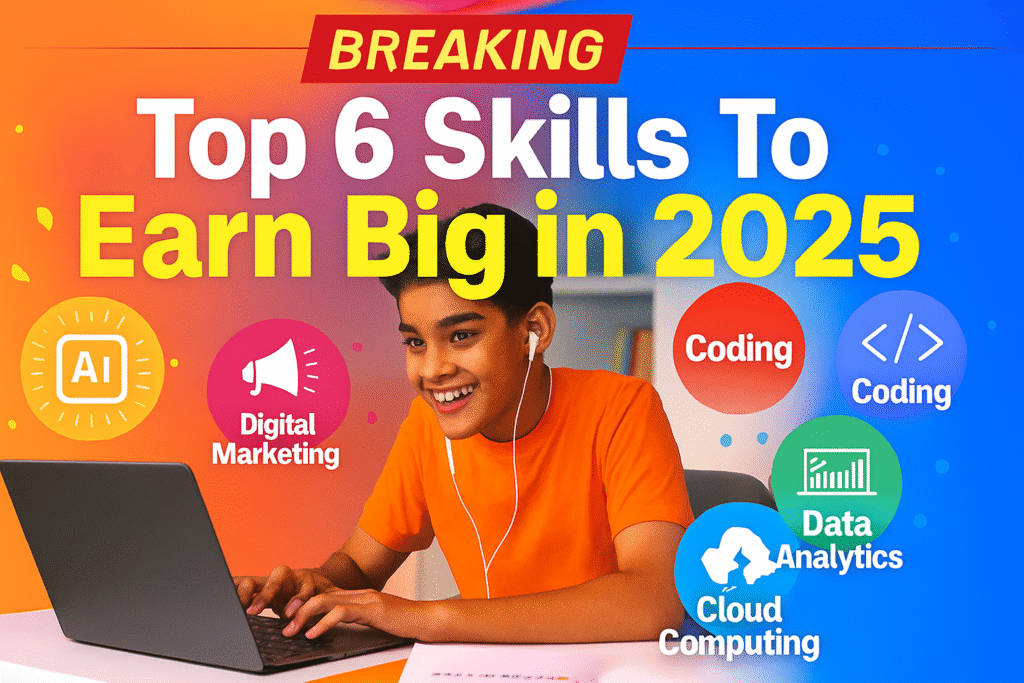 Young Indian student learning high-paying skills at home on a laptop, with icons of AI, coding, digital marketing, and data analytics around, text overlay: 'Top 6 Skills To Earn Big in 2025