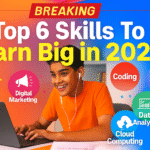 Young Indian student learning high-paying skills at home on a laptop, with icons of AI, coding, digital marketing, and data analytics around, text overlay: 'Top 6 Skills To Earn Big in 2025