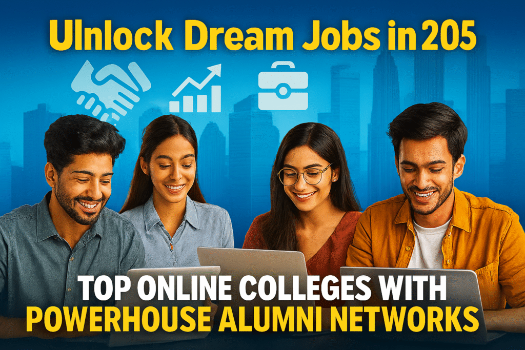 Diverse group of Indian young professionals in their 20s, casually dressed, networking on laptops against a modern cityscape with icons of handshakes, career growth, and global alumni success. Bold text reads “Unlock Dream Jobs in 2025” and Top Online Colleges with Powerhouse Alumni Networks