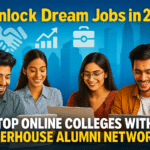 Diverse group of Indian young professionals in their 20s, casually dressed, networking on laptops against a modern cityscape with icons of handshakes, career growth, and global alumni success. Bold text reads “Unlock Dream Jobs in 2025” and Top Online Colleges with Powerhouse Alumni Networks
